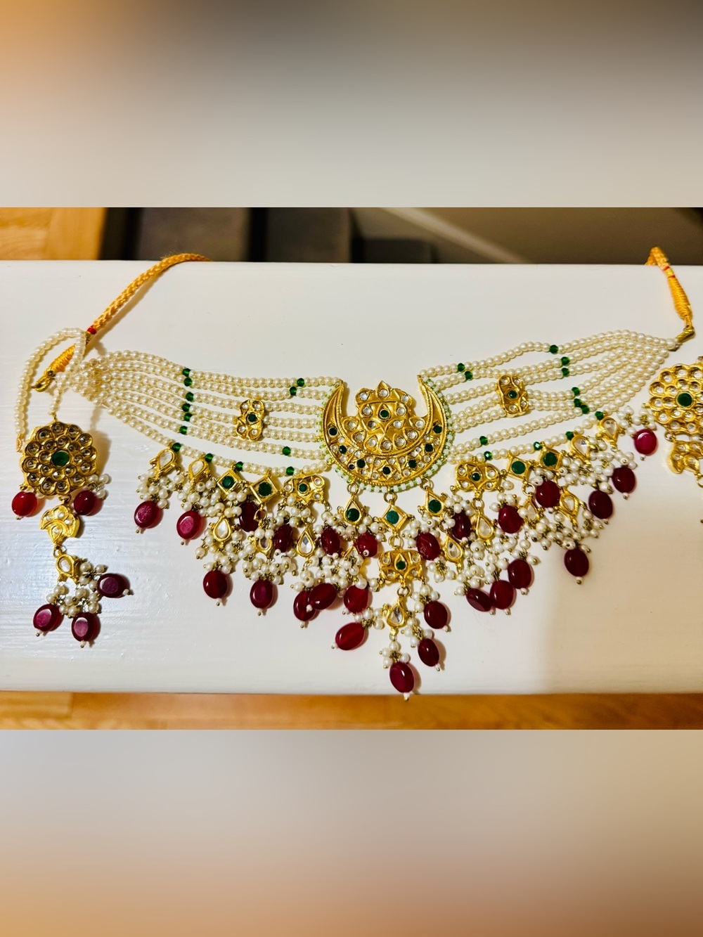 Multani Gold-Tone Pearl Choker Necklace with Red and Green Accents